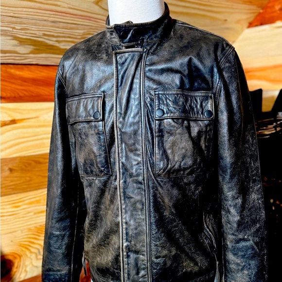 Lucky Brand Black Label Mens Distressed Leather Jacket Medium - Picture 2 of 7